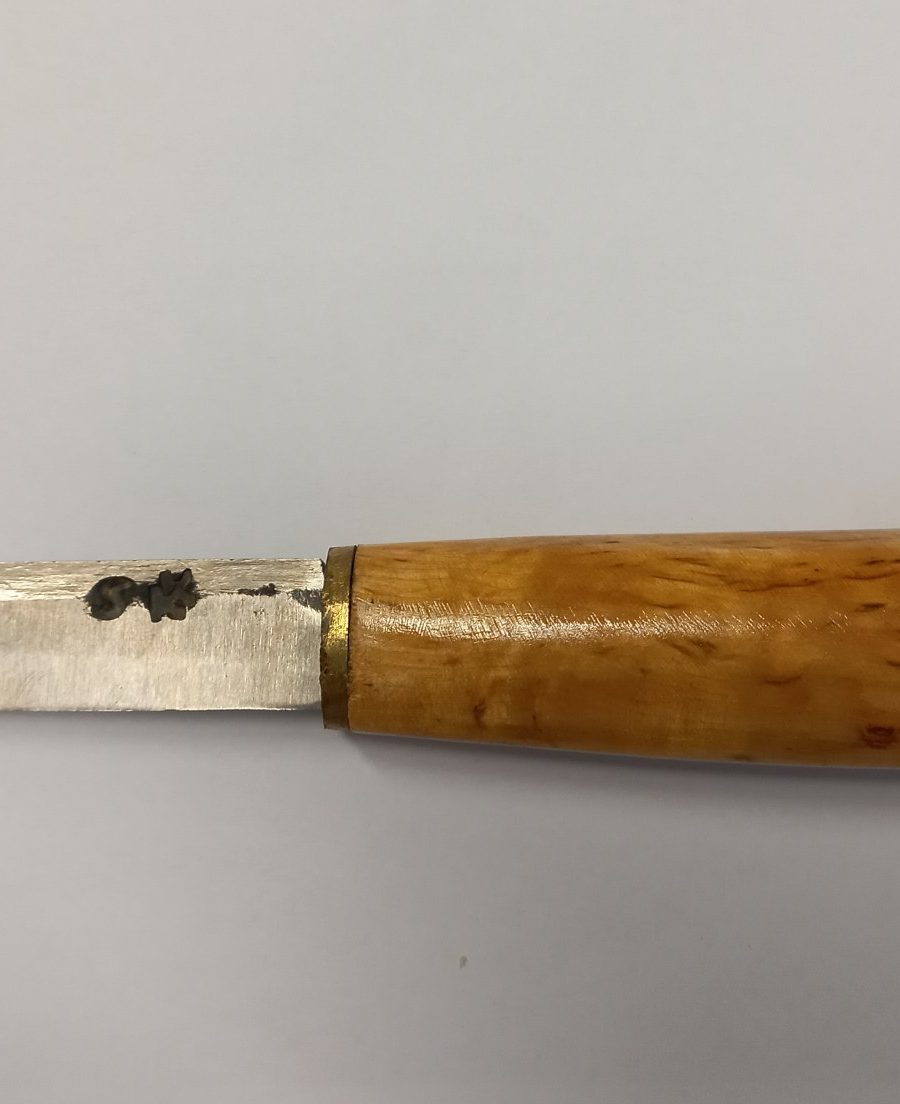 Small forged puukko-style utility knife with curly birch handle