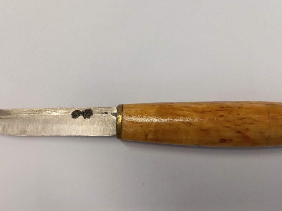 Small forged puukko-style utility knife with curly birch handle