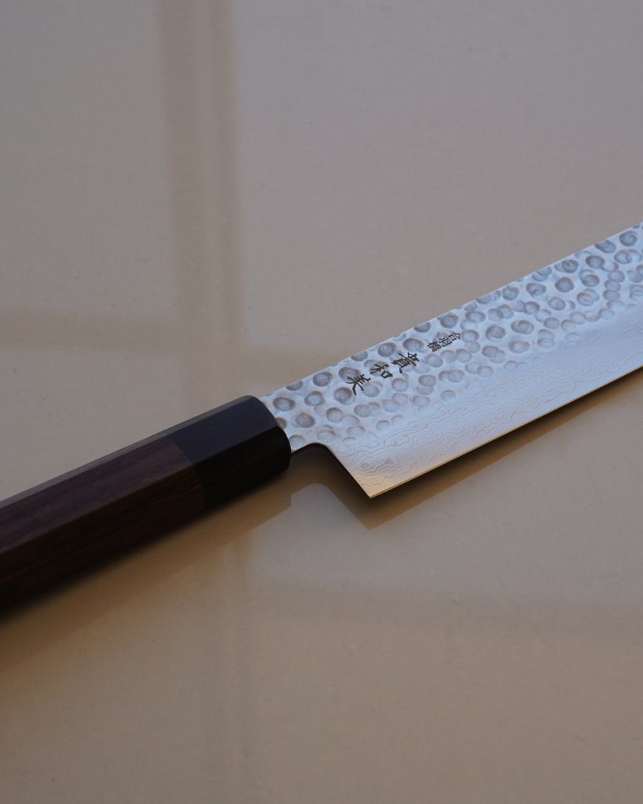 Hammered Damascus nakiri vegetable knife with dark wood handle