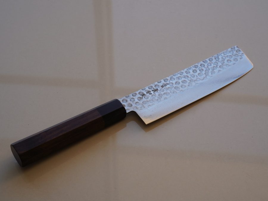 Hammered Damascus nakiri vegetable knife with dark wood handle